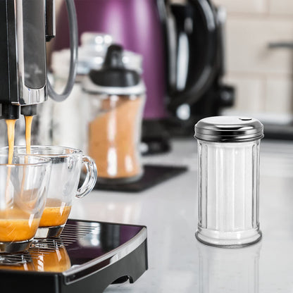Tebery 4 Pack Sugar Shaker Dispenser Airtight, 12 Oz Thick Glass Sugar Pourer Container with Pour Flap Lid, Powdered Creamer Spice Dispenser for Coffee Bar, Salt, Pepper, Retro Style