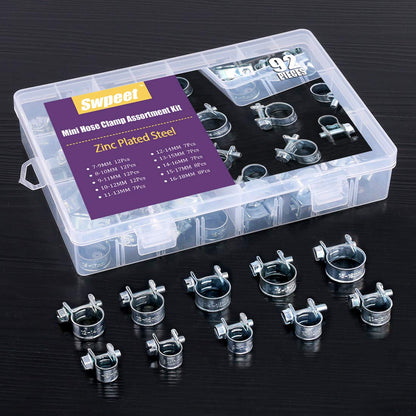 Swpeet 92 Pieces 10 Sizes Mini Hose Clamps Style Fuel Injection Line Zinc Plated Assortment Kit Perfect for Automotive, Agriculture, Plant and Construction