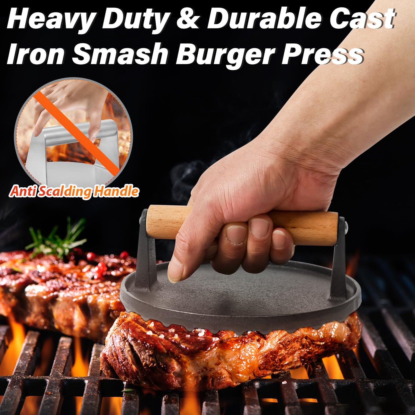 Cast Iron Smash Burger Press Kit, 7" Round Meat Press & 10" Large Spatula, Heavy Duty Hamburger Patty Maker for Griddle, Bacon, Sandwich, Steak, Compatible with Blackstone, Wooden Handle