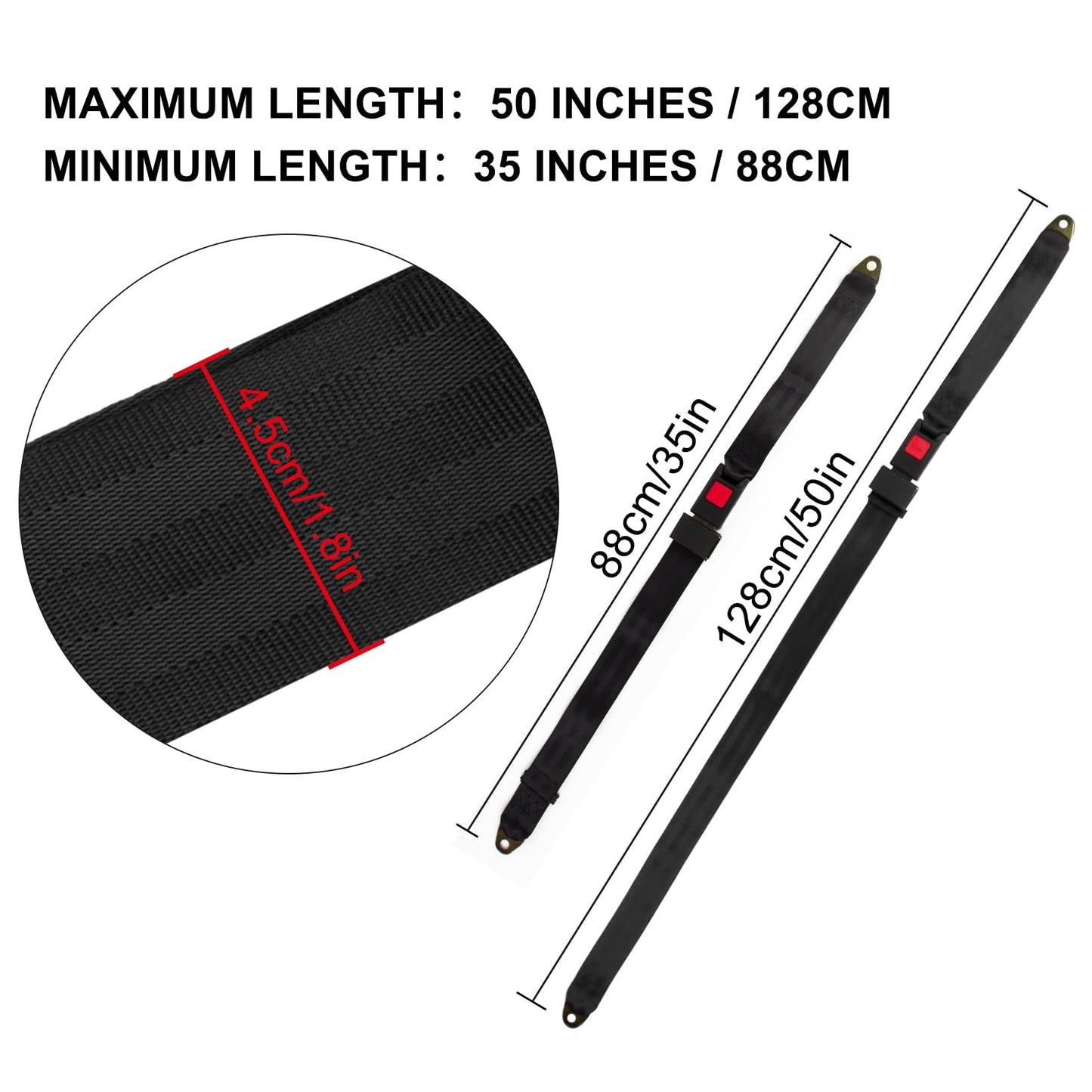 2 Point Seat Belt Adjustable Seatbelts Kit Compatible With Mobility Scooter, Electric Wheelchair, Bus, school bus, forklift, Black Color, 2 Pack(Black, 35''-50'')