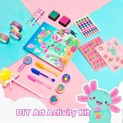 Axolotl Diary for Girls with Lock, Axolotl Stationery Set with Secret Diary, Stamps, Pens, Axolotl Journal Notebook Birthday Gifts for Little Girls Age 5 6 7 8 9 10-12