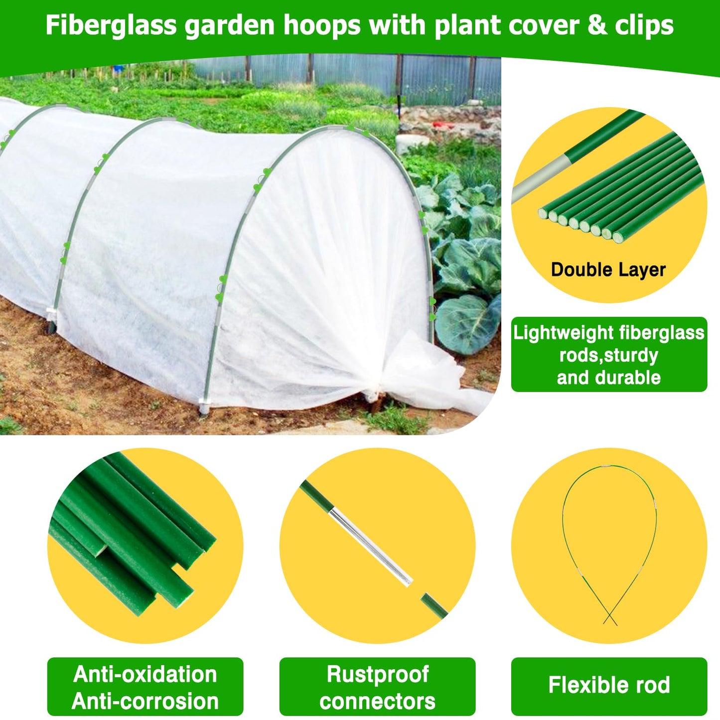 3x10M Plant Cover Freeze Protection Garden Hoops Kit for Winter, Fabric Floating Row Cover Frost Cloth Outdoor Plant Blanket for Frost Snow Protection, Greenhouse Garden Tunnel Hoops for Raised Beds