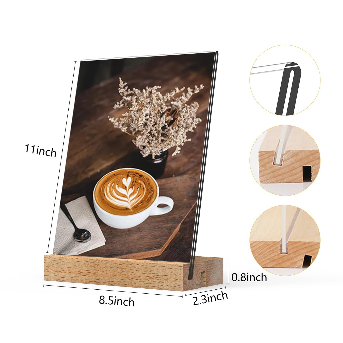 3 Pack Acrylic Sign Holder 8.5x11 with Wood Base L/T Shape 2 in 1 Acrylic Frame Wood Sign Holder Display Stand for Restaurant, Wedding, Office