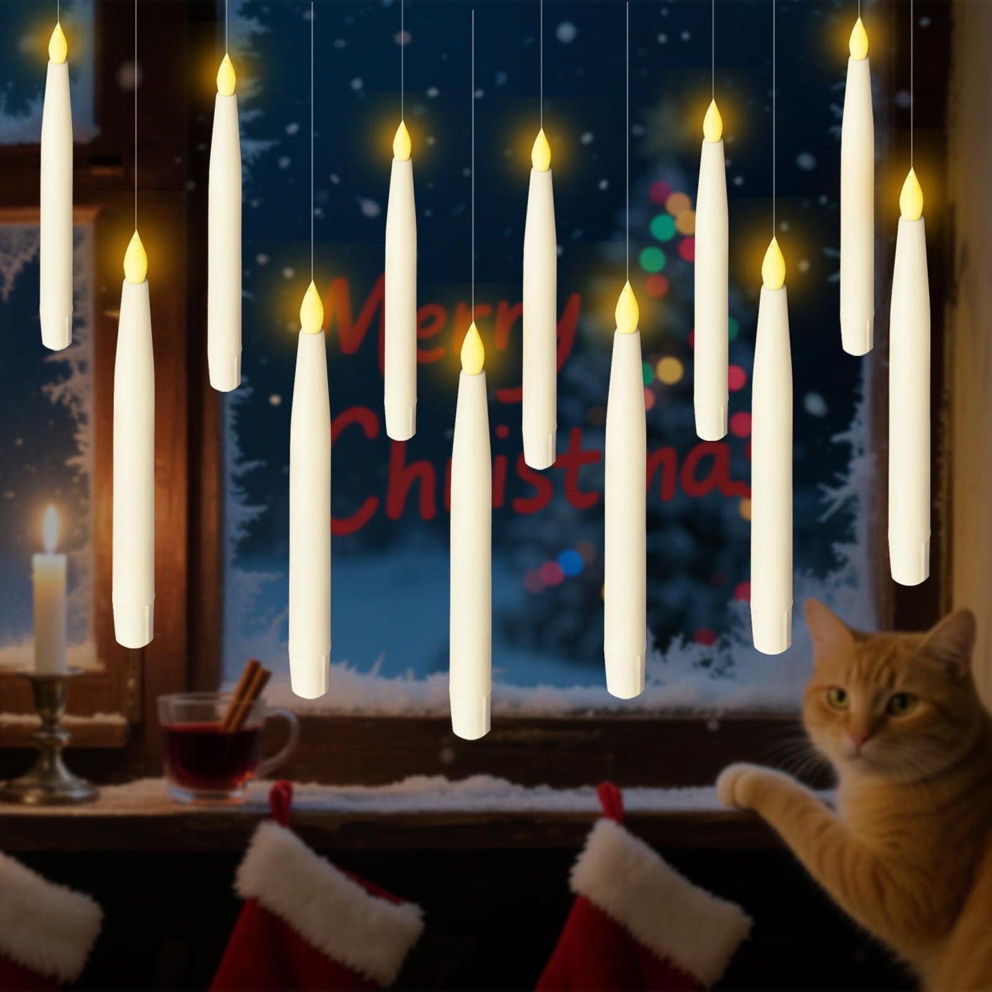 Anxingo 12 Pcs Flameless Floating Candles with Wand, LED Flickering Battery Operated Candles Wizard Hanging Decorative Lighting with Remote Timer for Parties Halloween Christmas