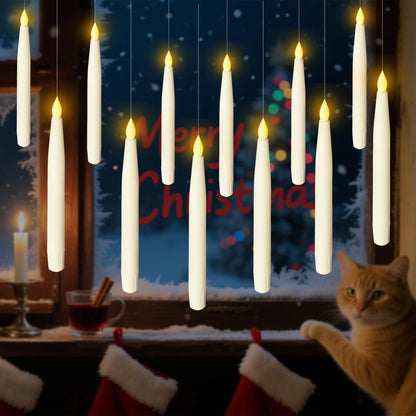 Anxingo 12 Pcs Flameless Floating Candles with Wand, LED Flickering Battery Operated Candles Wizard Hanging Decorative Lighting with Remote Timer for Parties Halloween Christmas