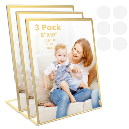 YOAEAILY Acrylic Gold Frames 8 x10, Slanted Back Gold Picture Frames Table Acrylic Sign Holder for Photos Wedding Table Numbers and Art Display with Removable Clear Sticky Dots
