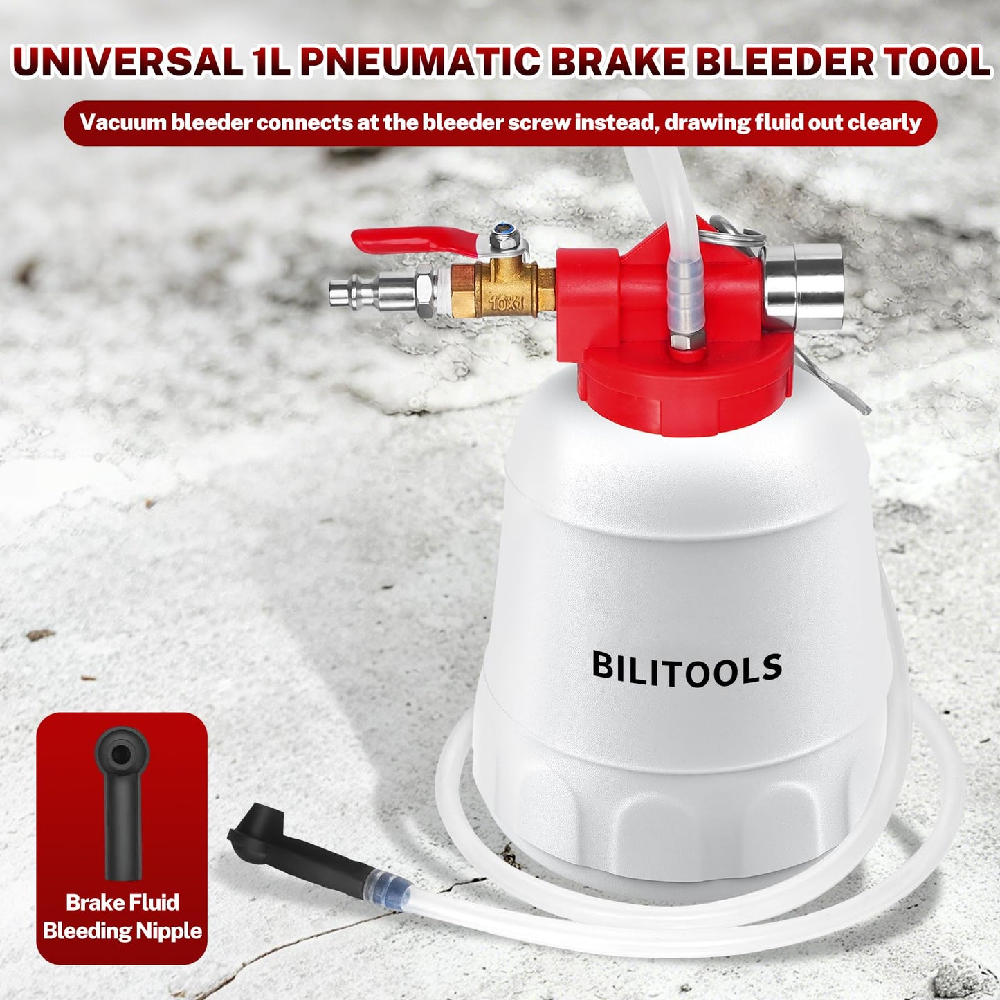 BILITOOLS 1L Brake Bleeder Vacuum Pump Kit Air Compressor, Universal One Person Pneumatic Brake System Clutch Fluid Bleeding Extractor Tool with Adapters