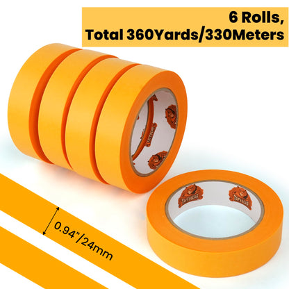 TAPEBEAR Delicate Surface Advanced Masking Tape 0.94" x 55m, Orange Washi Tape Indoor Painters Tape Decorating with No Paint Bleed, Sharp Lines, Surface Damage-Free, Low Tack, 6Rolls