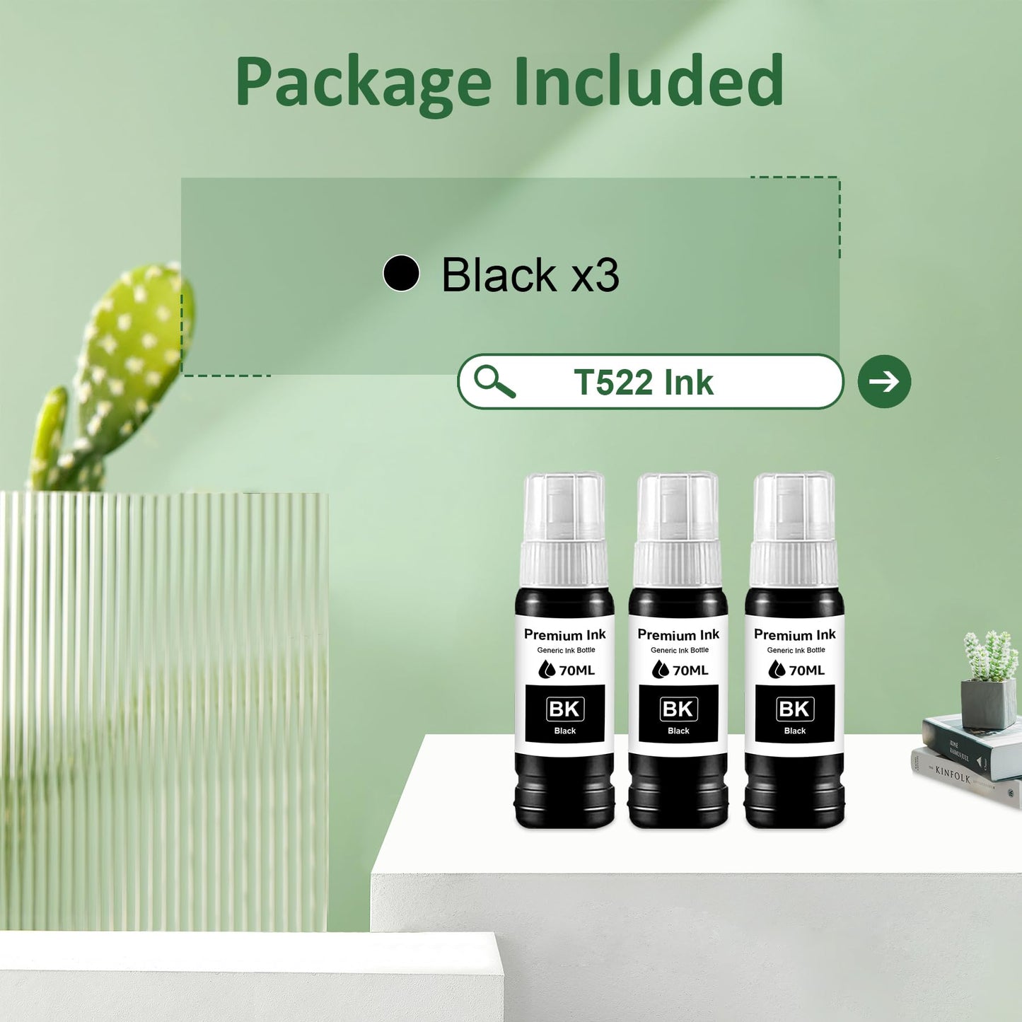 Compatible T522 Ink Refill Bottles Replacement for T522 Black Ink Bottles Compatible for ET-2400 ET-2720 ET-2800 ET-2803 ET-2840 ET-4700 ET-4800 ET-4810 Printers, 3 Black