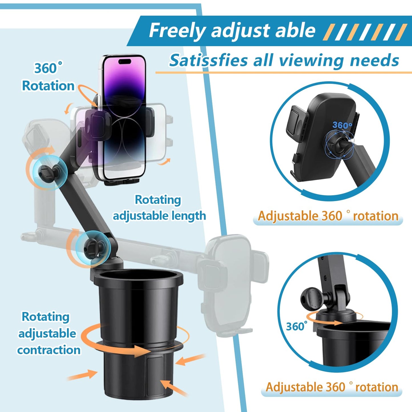 SAMPUSS 2-in-1 Phone Holders for Your Car, Car Cup Holder Phone Mount with Long Arm & 360°Rotation-Universal Smartphone Holder, Expands Cup Holder Space, Compatible with All iPhone and Android Devices