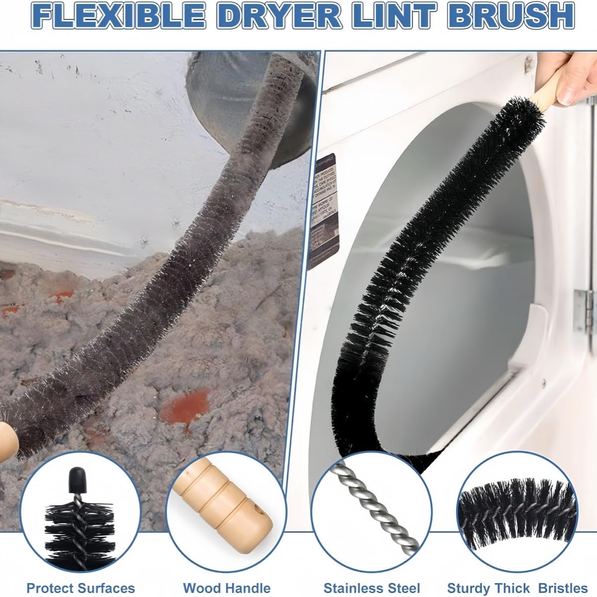 XHYdamile 3-Piece Dryer Vent Cleaning Kit, 15FT Flexible Lint Brush Rods for Dryer Duct Hose Vent Cleaning & Unclogging Clip