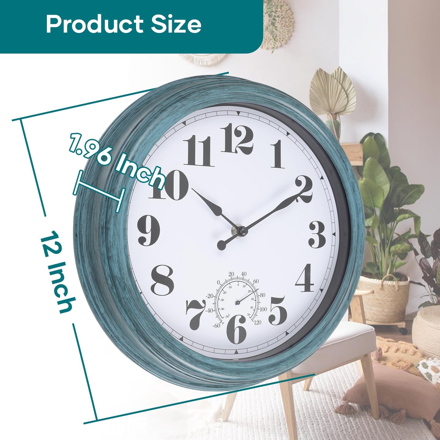 Aurowit Outdoor Wall Clock with Thermometer 12 Inch Waterproof Outdoor Clocks Battery Operated Wall Clock Dark Black Non Ticking for Patio Pool (Green, 12 Inch)