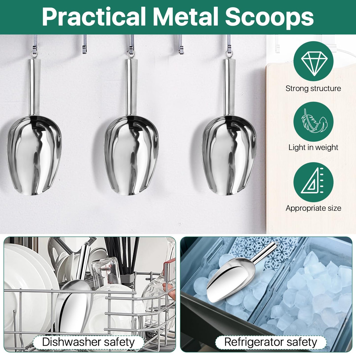 Akamino 8 Ounce Ice Scoop Set of 4, Stainless Steel Food Scoop for Kitchen Bar Party, Mirror Polished Metal Scoop Utility Scooper for Ice Cube,Coffee Bean,Candy, Cereal,Flour,Popcorn-Dishwasher Safe