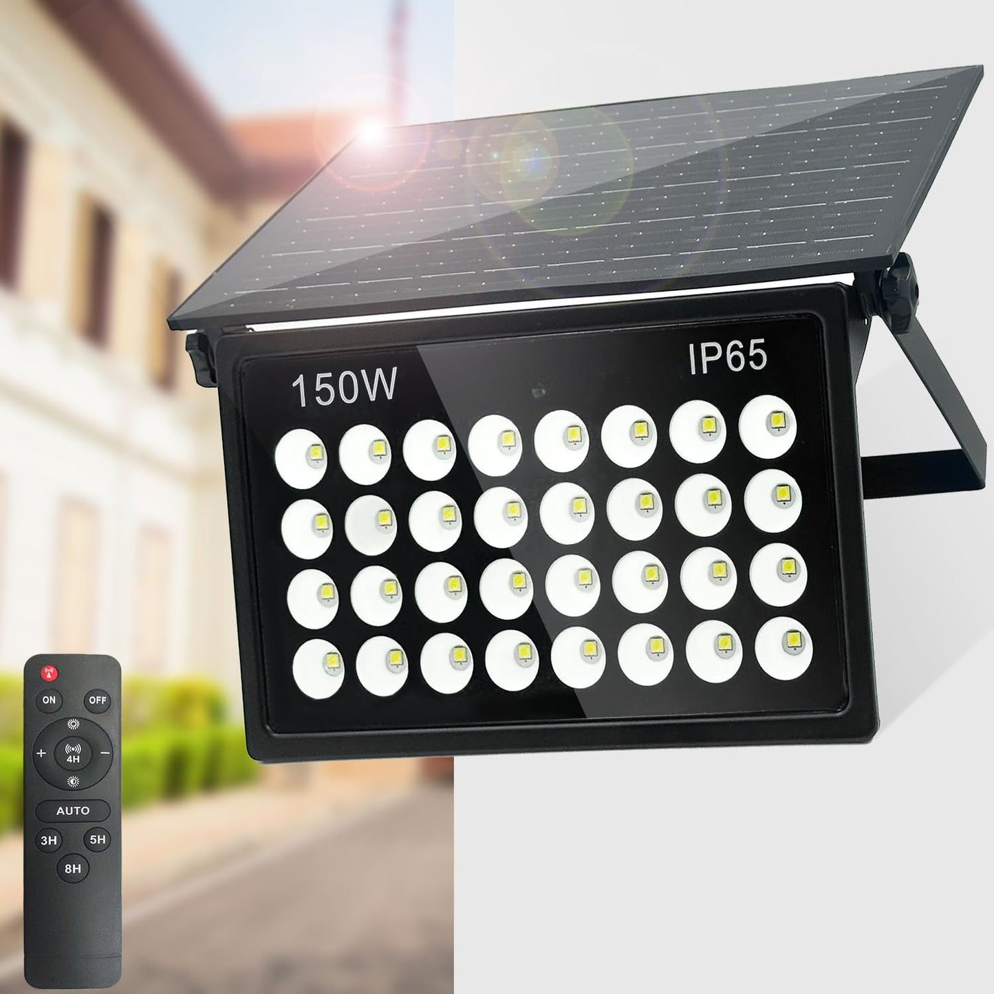 150W Solar Flood Lights Outdoor, 15000LM 6500K Bright Floodlights, IP65 Waterproof Solar Powered Security Light, Auto Dusk to Dawn with Remote Control for Yard, Street, Garden, Garage, Shed