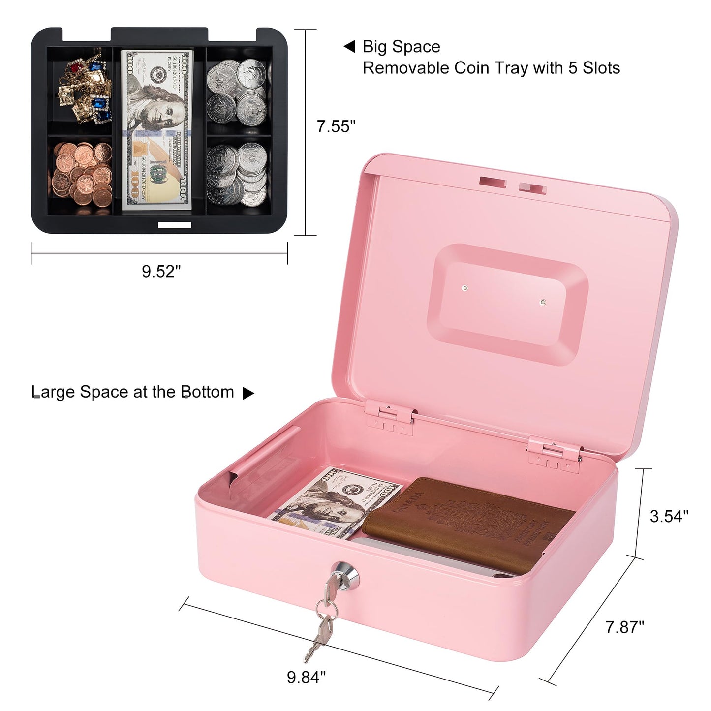 Cash Box with Lock and Money Tray Metal Money Box for Cash Lock Box for Money Safe 9.84" x 7.87" x 3.54" Large Pink