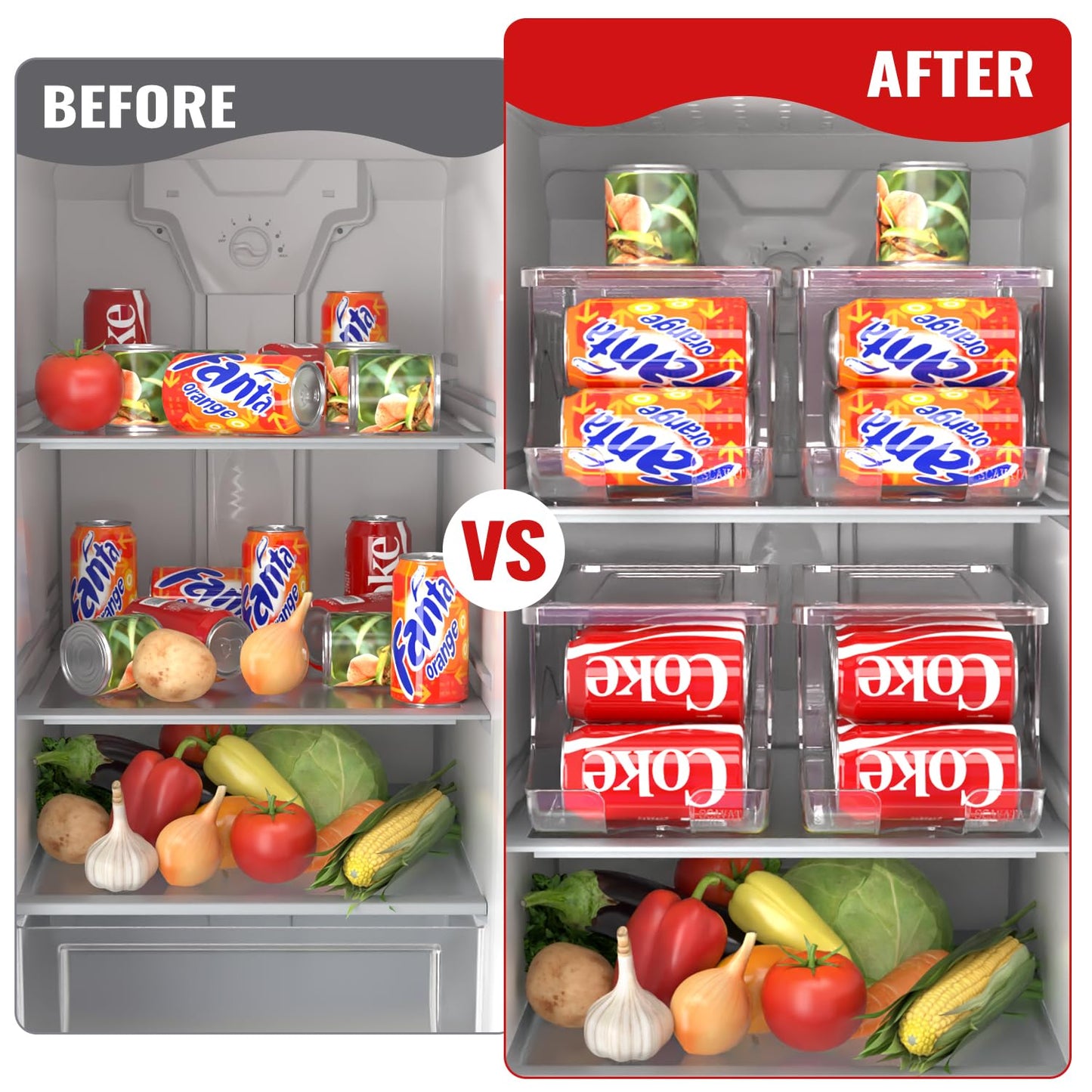 SCAVATA Stackable Refrigerator Organizer, Soda Can Dispenser Pop Cans Container Beverage Holder with Lid for Fridge, Freezer, Kitchen, Clear Plastic Storage Bins-Holds 10 Cans Each (Clear)