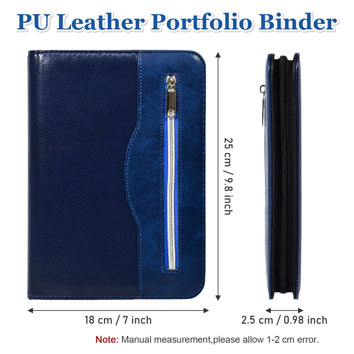 SAYEEC Journal Binder Leather Portfolio Notebook Executive Conference Folder Travel Business Portfolio with Calculator Zipped Notebook Organizer Loose Leaf Refillable Lined Paper Gift for Man Women (Blue With Calculator)