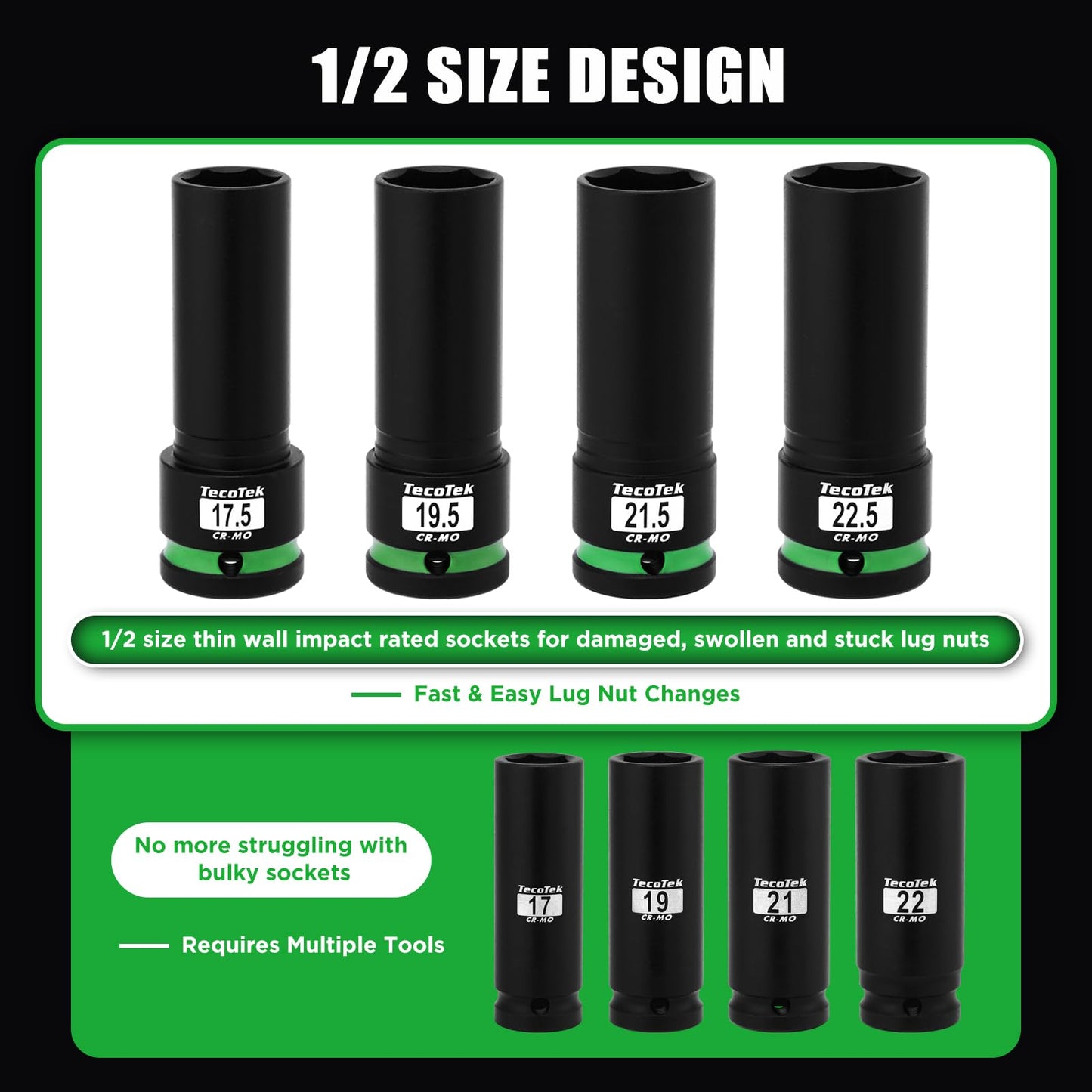 TecoTek 4PCS 1/2" Drive 1/2 Size Thin Wall Lug Nut Socket Set, Half Size Wheel Socket, 17.5mm, 19.5mm, 21.5mm, and 22.5mm, CR-MO, for Damaged, Swollen and Stuck Lug Nuts