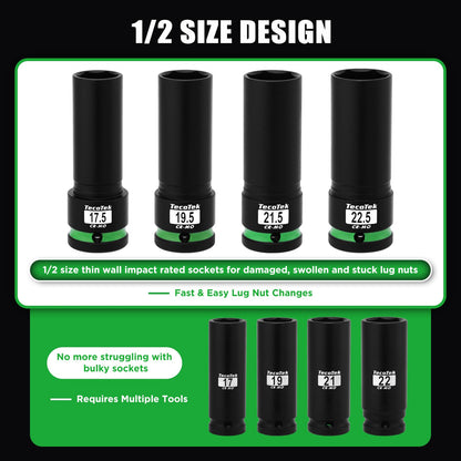 TecoTek 4PCS 1/2" Drive 1/2 Size Thin Wall Lug Nut Socket Set, Half Size Wheel Socket, 17.5mm, 19.5mm, 21.5mm, and 22.5mm, CR-MO, for Damaged, Swollen and Stuck Lug Nuts