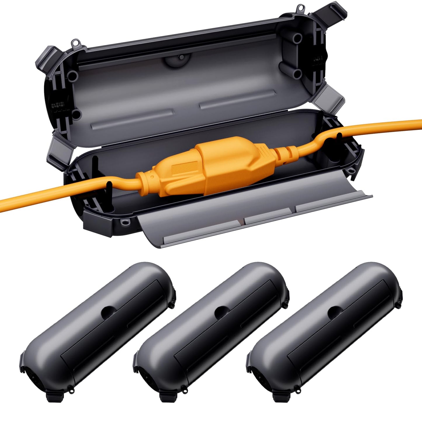 Restmo 4 Pack Mini IP44 Waterproof Outdoor Connection Box with Lockable Latches and Mounting Holes, Weatherproof Extension Cord Safety Cover for Outdoor Plugs, Lights, Cables, Wires, Size Small, Gray