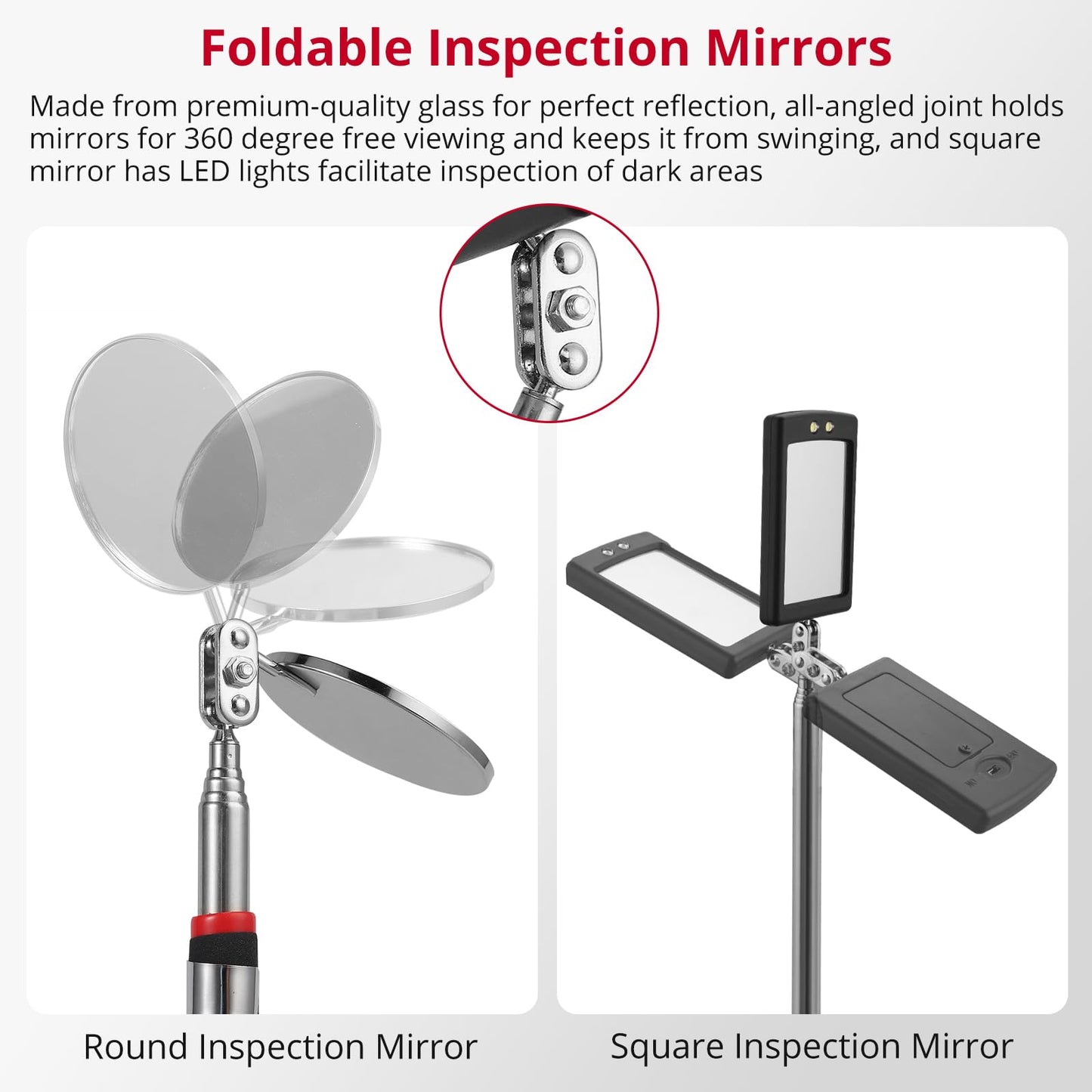 XUNTOP 6 PCS Magnetic Telescoping Pickup Grabber Tool Set Including 15 lb/1 lb/8 lb with LED Light/Round/Square Inspection Mirror/Telescoping Handle 360° Swivel for Extra Viewing Pickup Dead Angle