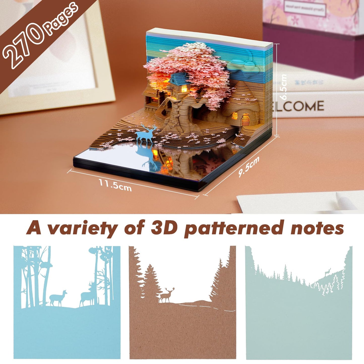 3D Calendar 2026 Memo Pad Time Piece Calendar Elk Sakura Tree House Paper Art Notepad Carving Gift Desk Decor, Art Desk Calendar DIY Notes with LED Lights/Case, Craft Sculpture Home Office Decoration
