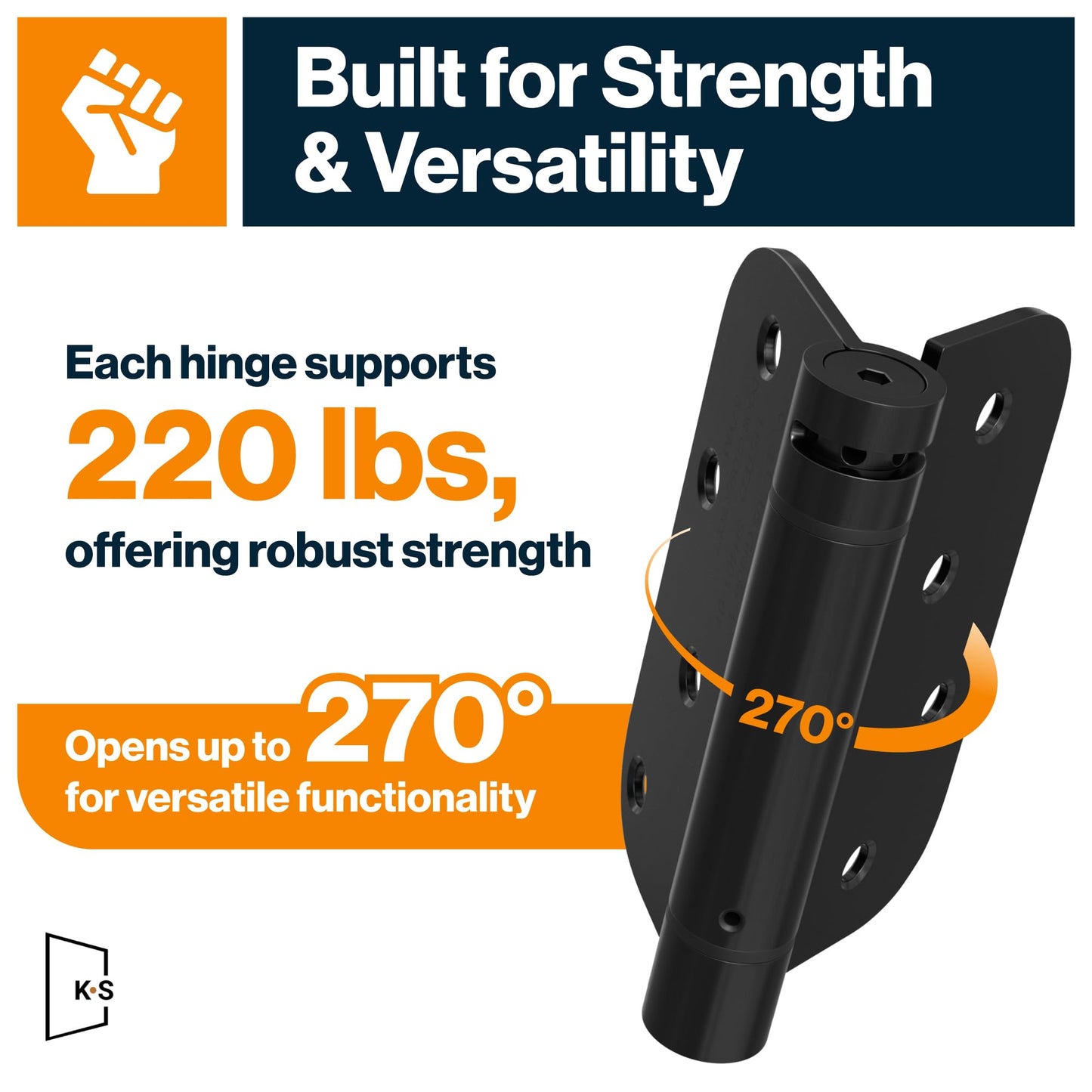 KS Hardware Mortise Spring Hinge | Automatic Self Closing Door Hinges with Complete Installation Hardware | 4" X 4" with 5/8" Radius Corners | 2 Pack, Matte Black Finish