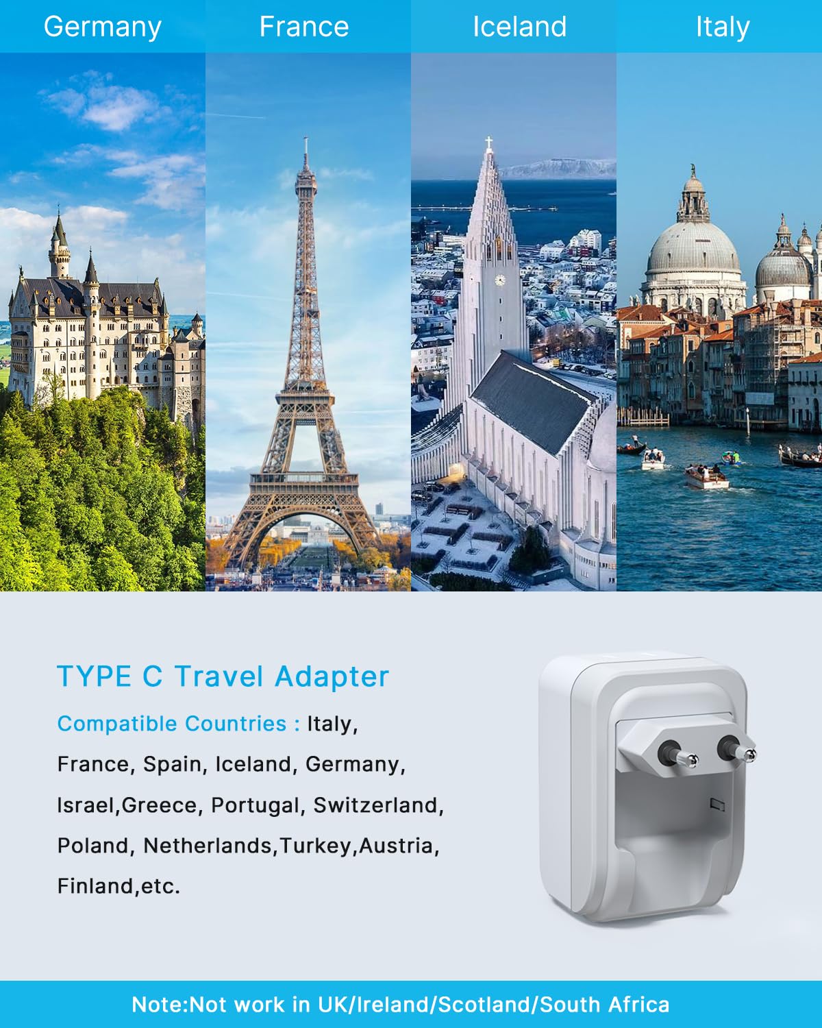 2 Pack European Travel Plug Adapter, VINTAR Foldable International Power Plug with 2 AC Outlets 3 USB Ports(2 USB C), Type C Travel Essentials Charger for Canada to Most of Europe Italy Spain France