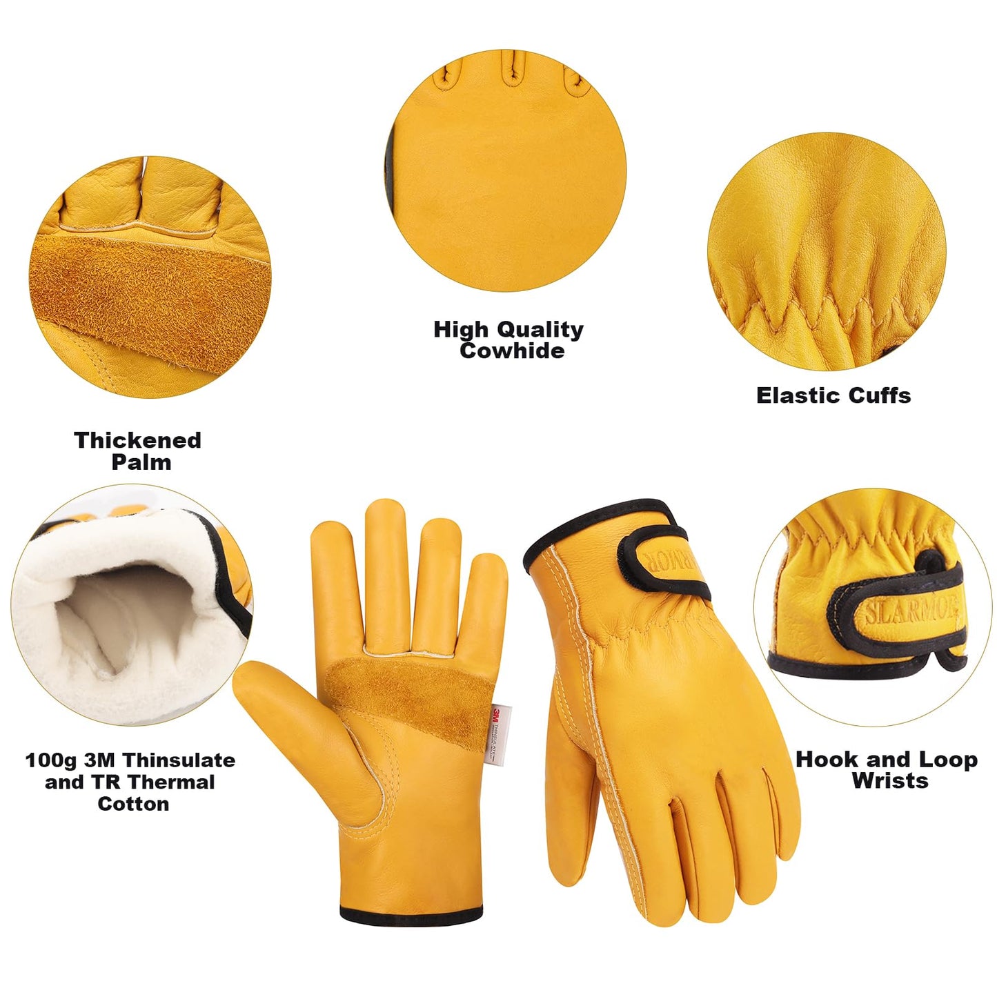 SLARMOR Winter Leather Work Gloves for Men, Warm Thinsulate Lining for Cold Weather Work, Thermal Insulated Work Gloves with Leather Palm,100 gram Insulation-S