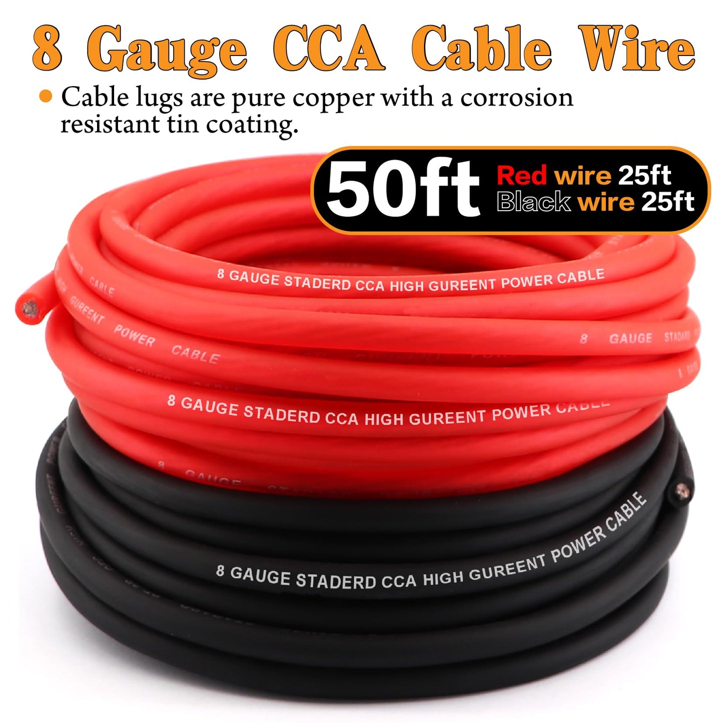 Taukealugs AWG 8 Gauge Wire Cable (25ft Each - Black/Red) Copper Clad Aluminum CCA with 8ga terminals,60A ANL Fuse Block and Heat Shrink Tube for Audio Speaker,Power Inverter Amp Wiring kit