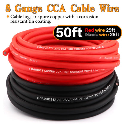 Taukealugs AWG 8 Gauge Wire Cable (25ft Each - Black/Red) Copper Clad Aluminum CCA with 8ga terminals,60A ANL Fuse Block and Heat Shrink Tube for Audio Speaker,Power Inverter Amp Wiring kit