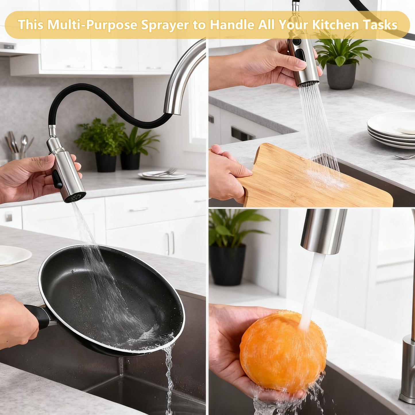 All Metal Kitchen Faucet Head Replacement, 3 Modes Stainless Steel Pull Down Kitchen Sink Sprayer, High Pressure Sink Sprayer Attachment with 14 Adapters Fits Most Common Brands (Brushed Nickel)