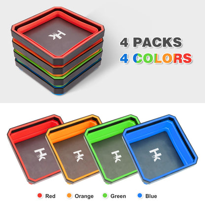 Collapsible Magnetic Trays, 4 Pack Foldable Silicone Magnetic Tool Trays for Small Metal Parts, Bolts, Screws, Nuts, Washers, with Telescoping Magnetic Pick-Up Tool, 4.5in Square