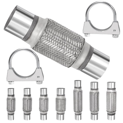 Swpeet 3Pcs 2.5 x 6 Inches Exhaust Flex Pipe with 2.5 Inches Exhaust U Clamp Kit, Universal Type Stainless Steel Double Braid Zinc Pipes Exhaust Flex Tube Ideal for Heavy Duty and Cars
