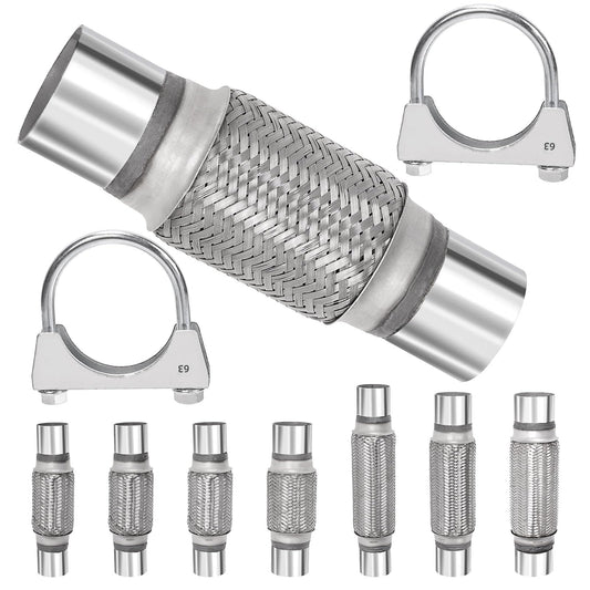 Swpeet 3Pcs 2.5 x 6 Inches Exhaust Flex Pipe with 2.5 Inches Exhaust U Clamp Kit, Universal Type Stainless Steel Double Braid Zinc Pipes Exhaust Flex Tube Ideal for Heavy Duty and Cars