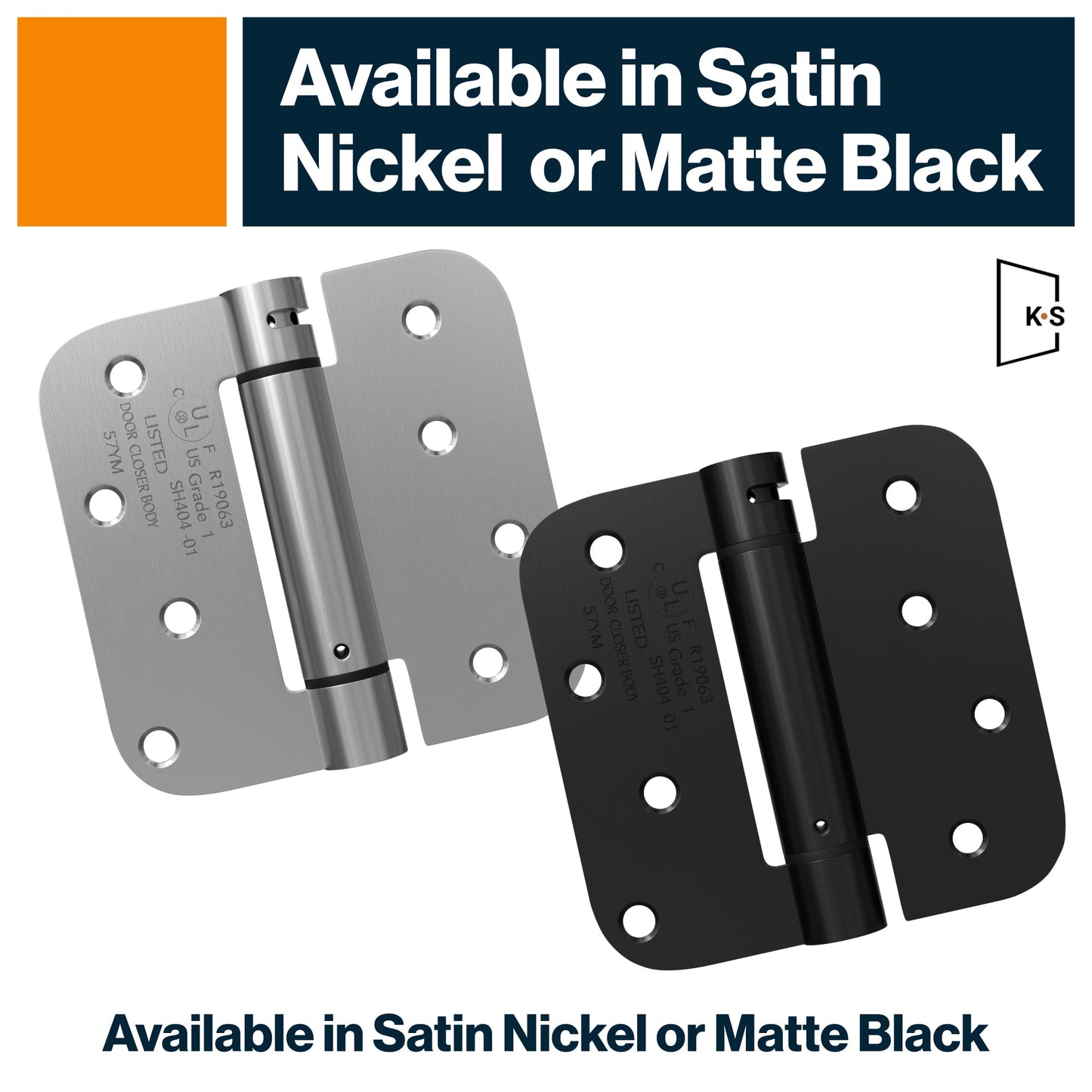 KS Hardware Mortise Spring Hinge | Automatic Self Closing Door Hinges with Complete Installation Hardware | 4" X 4" with 5/8" Radius Corners | 2 Pack, Matte Black Finish