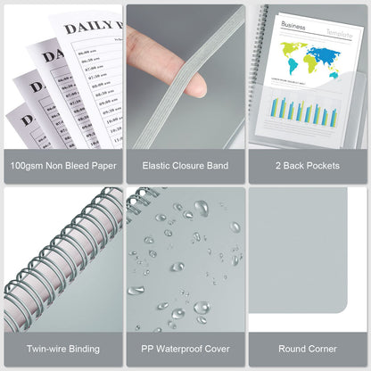 Planner Undated, Asten Daily Planner Agenda with to Do List, Hourly Schedules for Women and Men, Spiral Appointment Book with Elastic Closure, Inner Pocket 8.5" x 11" (Gray)