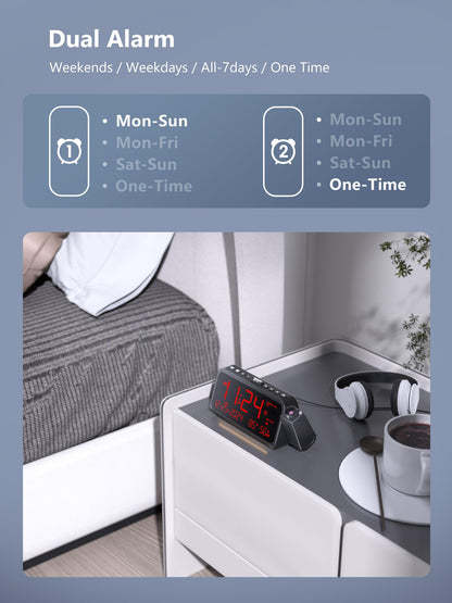 Projection Alarm Clock for Bedroom, Alarm Clock with 350° Rotatable Projector, 5 Brightness, Dual Alarm with Weekday/Weekend Mode, Temp & Humidity, Snooze, Bedside Alarm Clock for Heavy Sleepers（Red