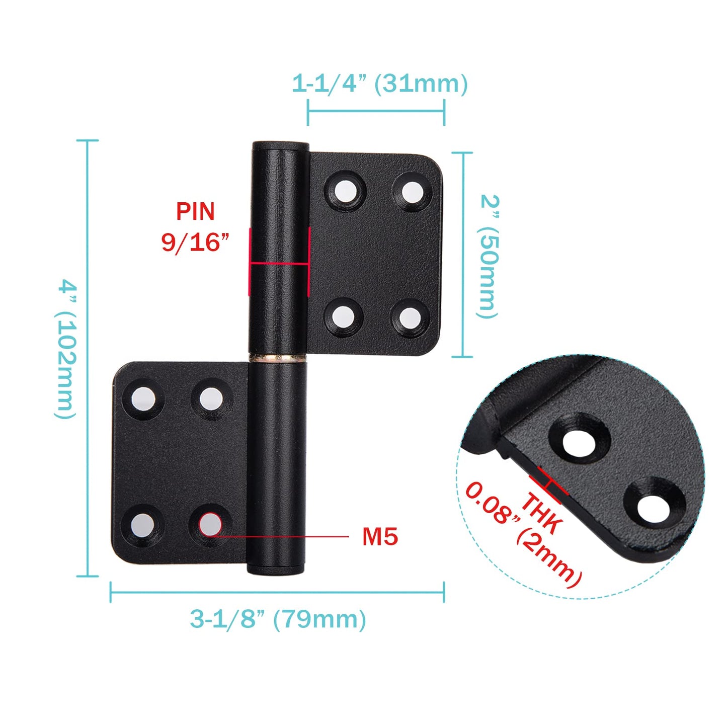 6 Pcs 4 Inch Lift Off Hinges Flag Hinges Black Door Hinge Small Lift-Off Hinge Removable Hinges