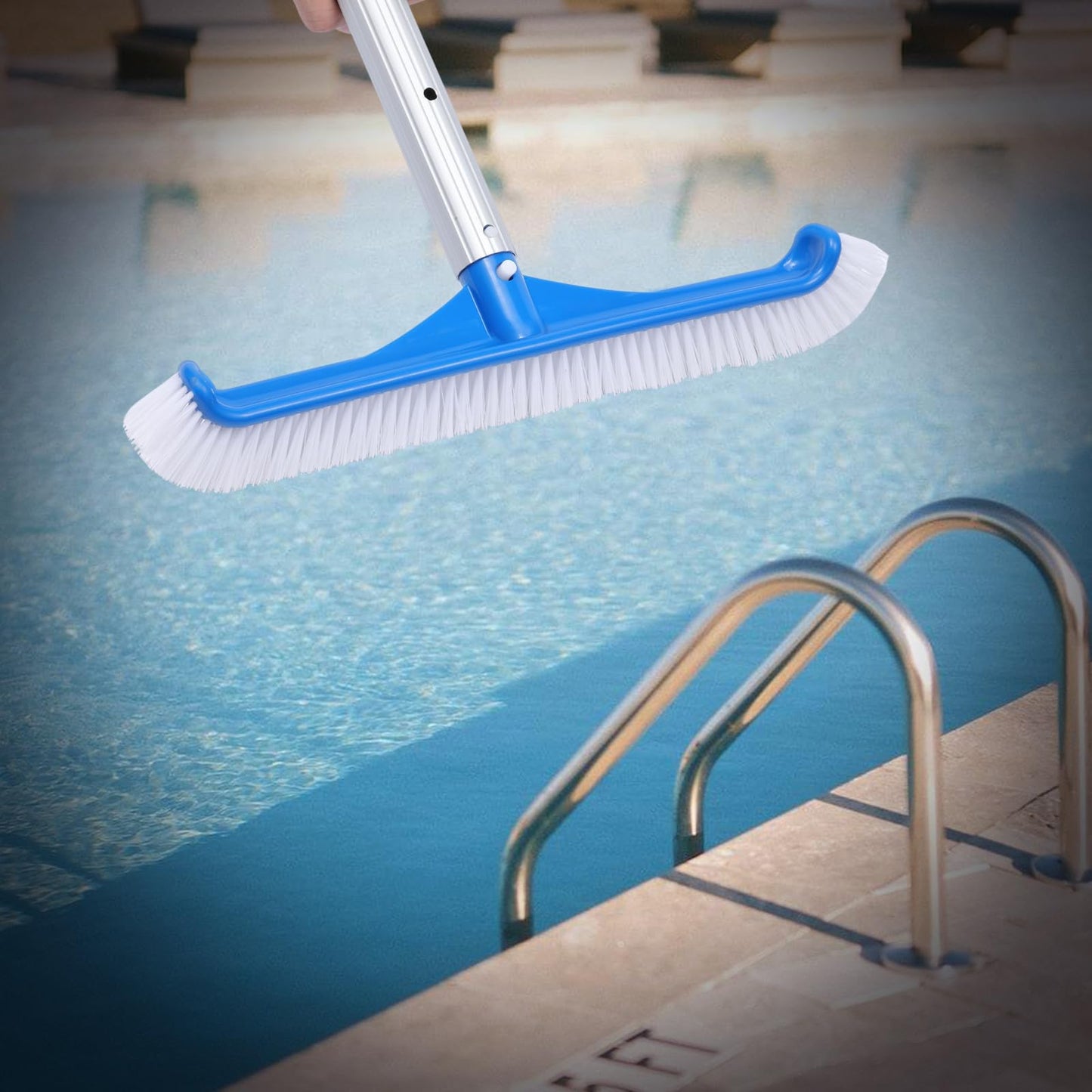 2 Pack Pool Brush, 16.5" Pool Brushes for Wall Cleaning, Premium Nylon Bristles Brush Head with Easy Clip, Curved Ends High-Efficiency Pool Scrub Brush (White, Gray & White)
