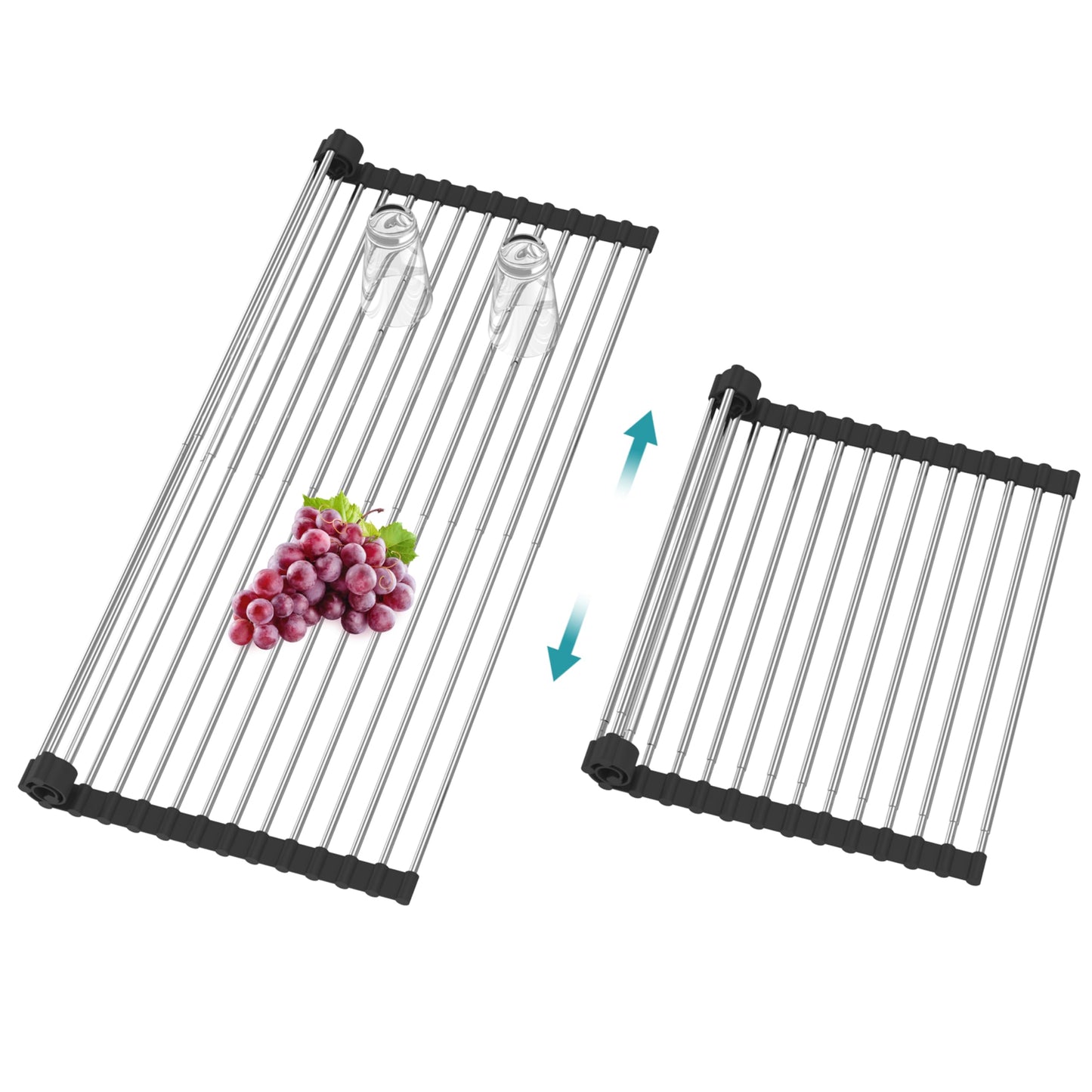 BBXTYLY Extra Large Expandable Roll Up Dish Drying Rack,Over The Sink Drying Rack Sink Cover Kitchen Sink Accessories Kitchen Rolling up Stainless Steel Drainer, Foldable,Rollable（Black，22.8''-12.4''）