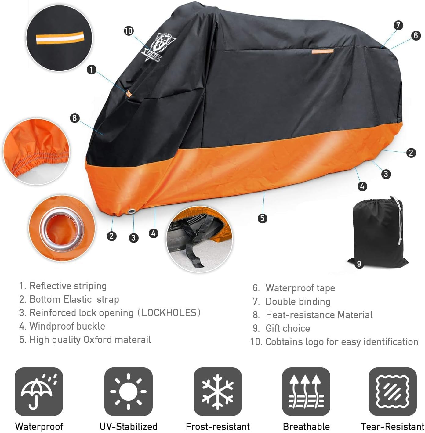 XYZCTEM Motorcycle Cover – All Season Waterproof Outdoor Protection – Precision Fit up to 108 Inch Tour Bikes, Choppers and Cruisers – Protect Against Dust, Debris, Rain and Weather(XXL,Black& Orange)