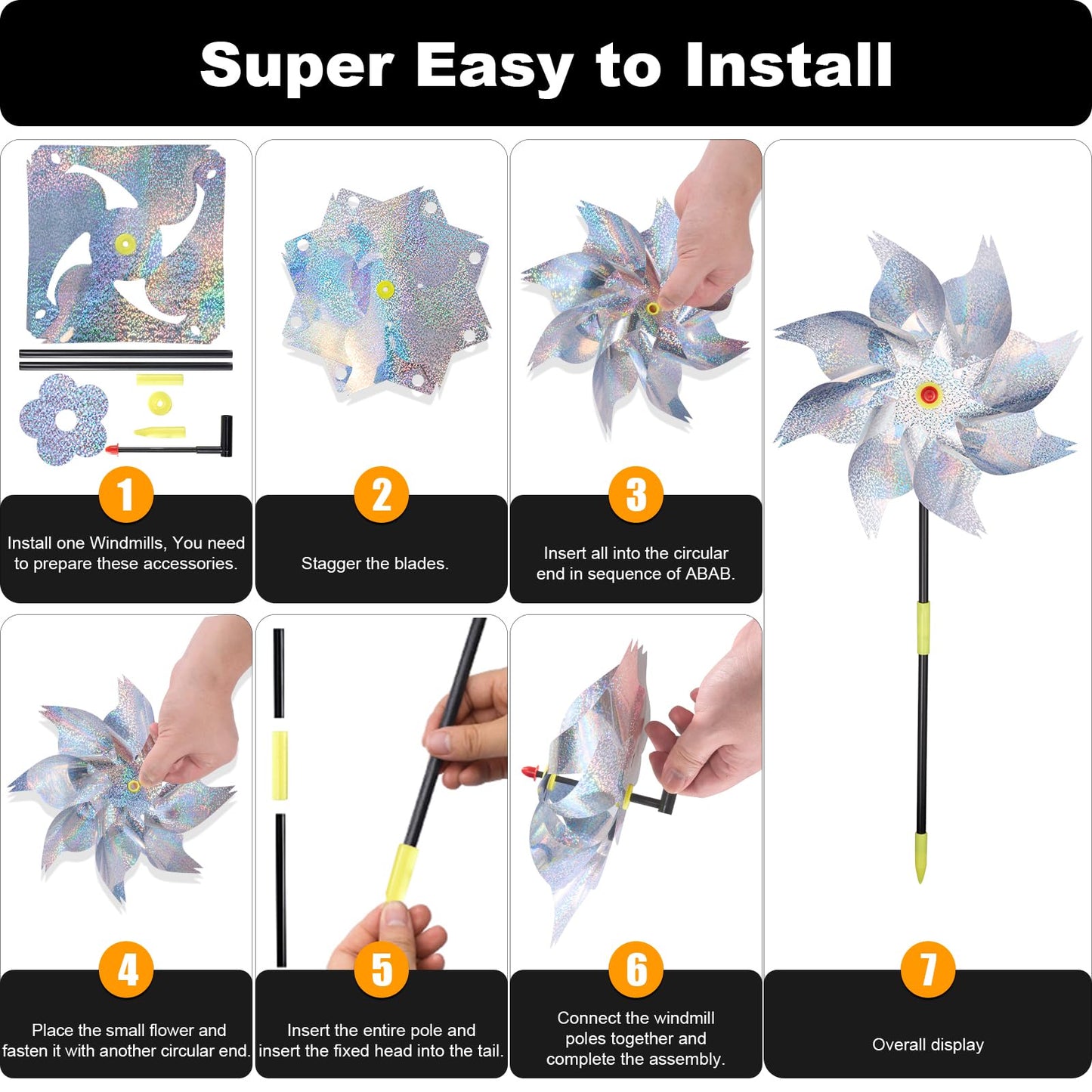 10PCS Large Reflective Birds Repellent Windmills, ALYCLIP Silver Hanging Windmills Sparkly Deterrent Kit for Driving Away Pigeons Birds, Easy to Install - Silver
