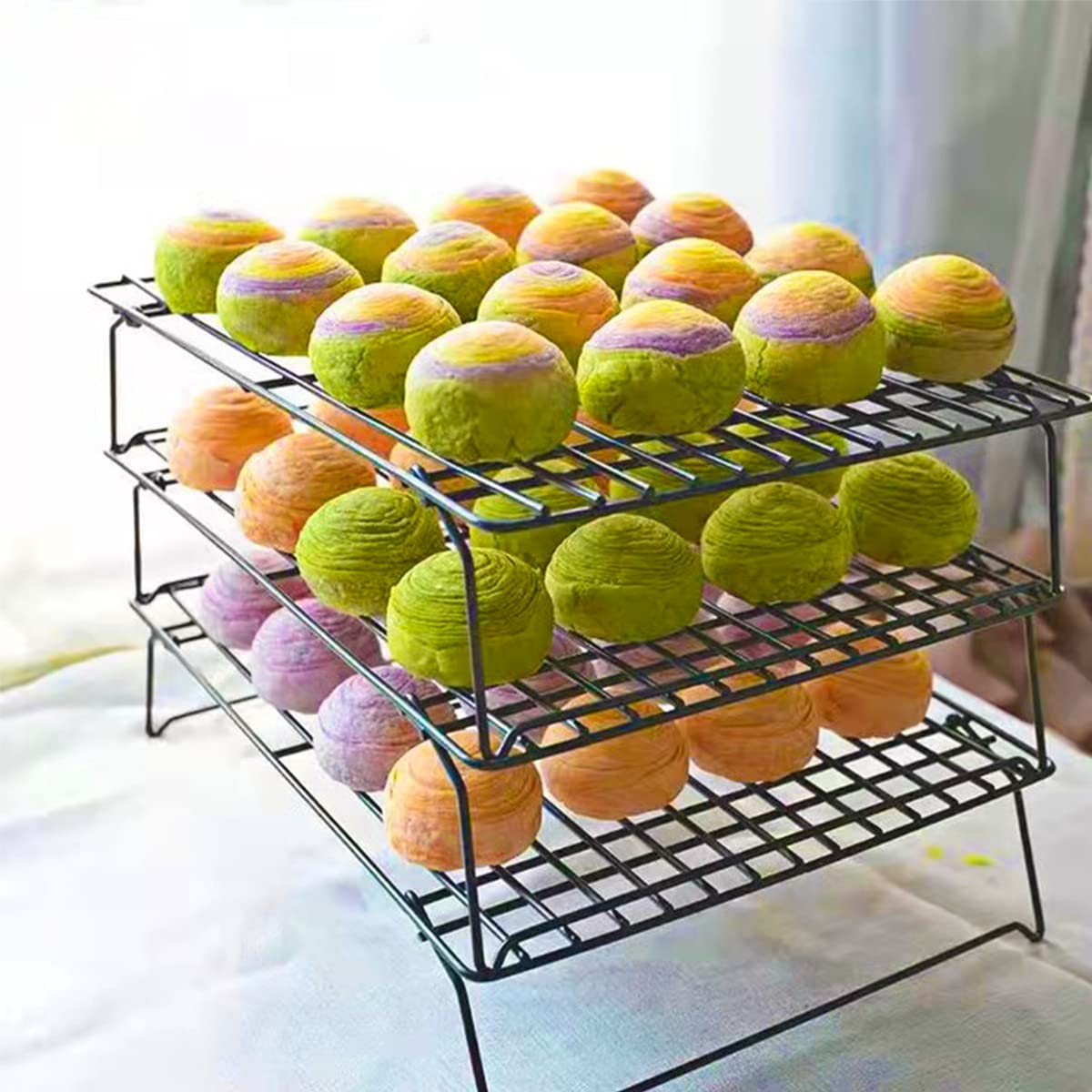 PowerKing 3 Tier Cooling Rack, Foldable Non-Stick Stainless Steel Wire Cake Rack for Pies, Cookies, Pastries, Home Baking, Birthday Party, Wedding Party 15.7'' x 10'' (Black 3 Tier)