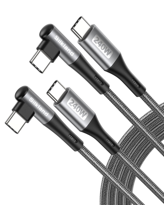 Silkland 240W Long USB C to USB C Cable(10FT, 2Pack), Right Angle USB C Fast Charging Cable, Braided Type C Charger Cord for PD3.1, 100W, 60W, Compatible with iPhone 17/16, MacBook, Pixel