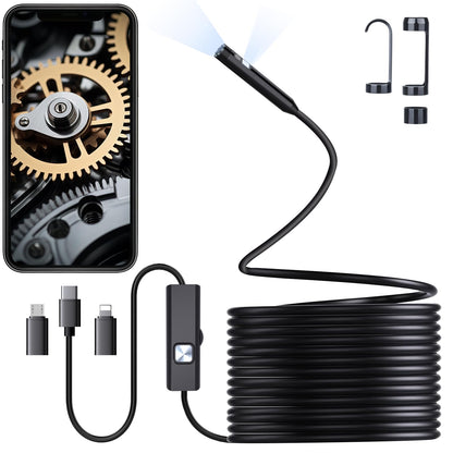 Preciva Endoscope Camera with Dual Lenses, 1920P HD Borescope Camera with 8 Adjustable LED Lights, 16.5ft Semi-Rigid for iOS and Android