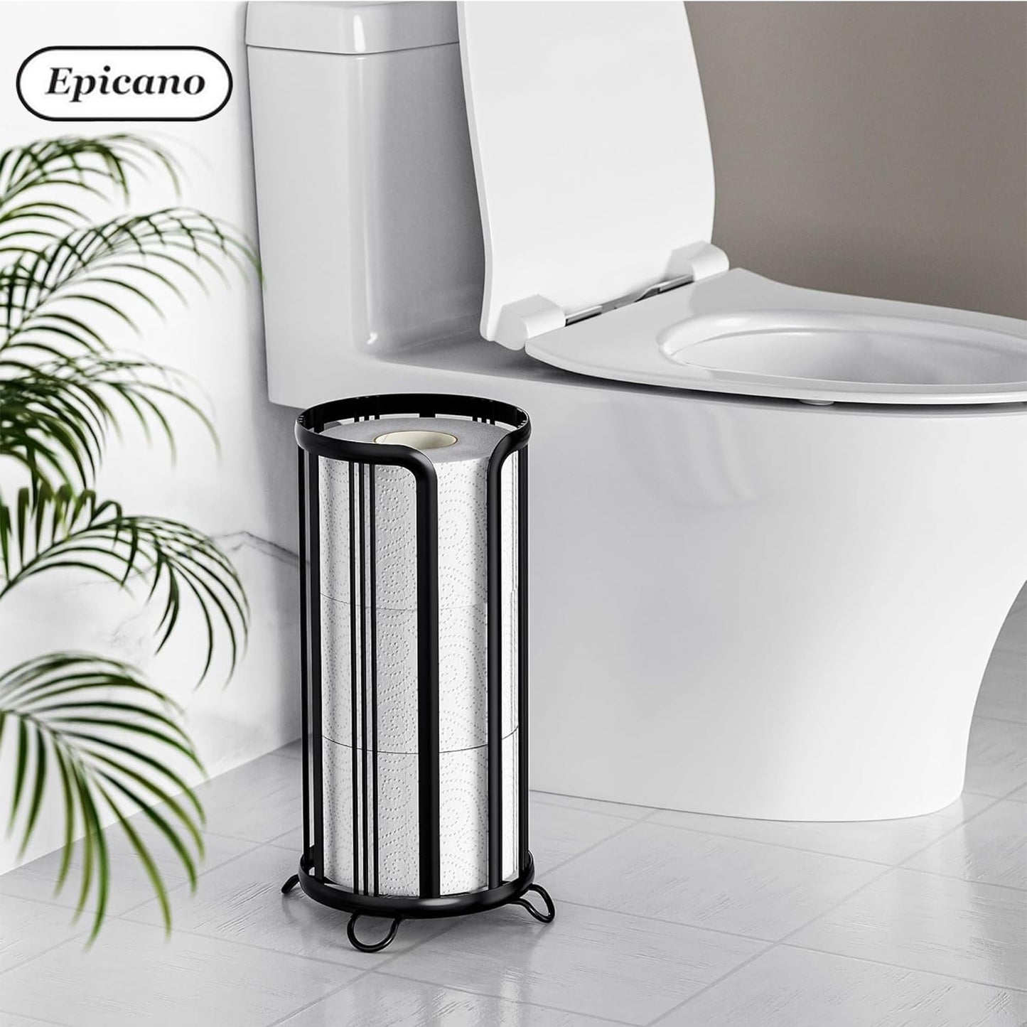 Toilet Paper Holder Stand, Freestanding Toilet Tissue Organizer, Minimalistic Storage Solution, Reserve Mega Rolls- Black