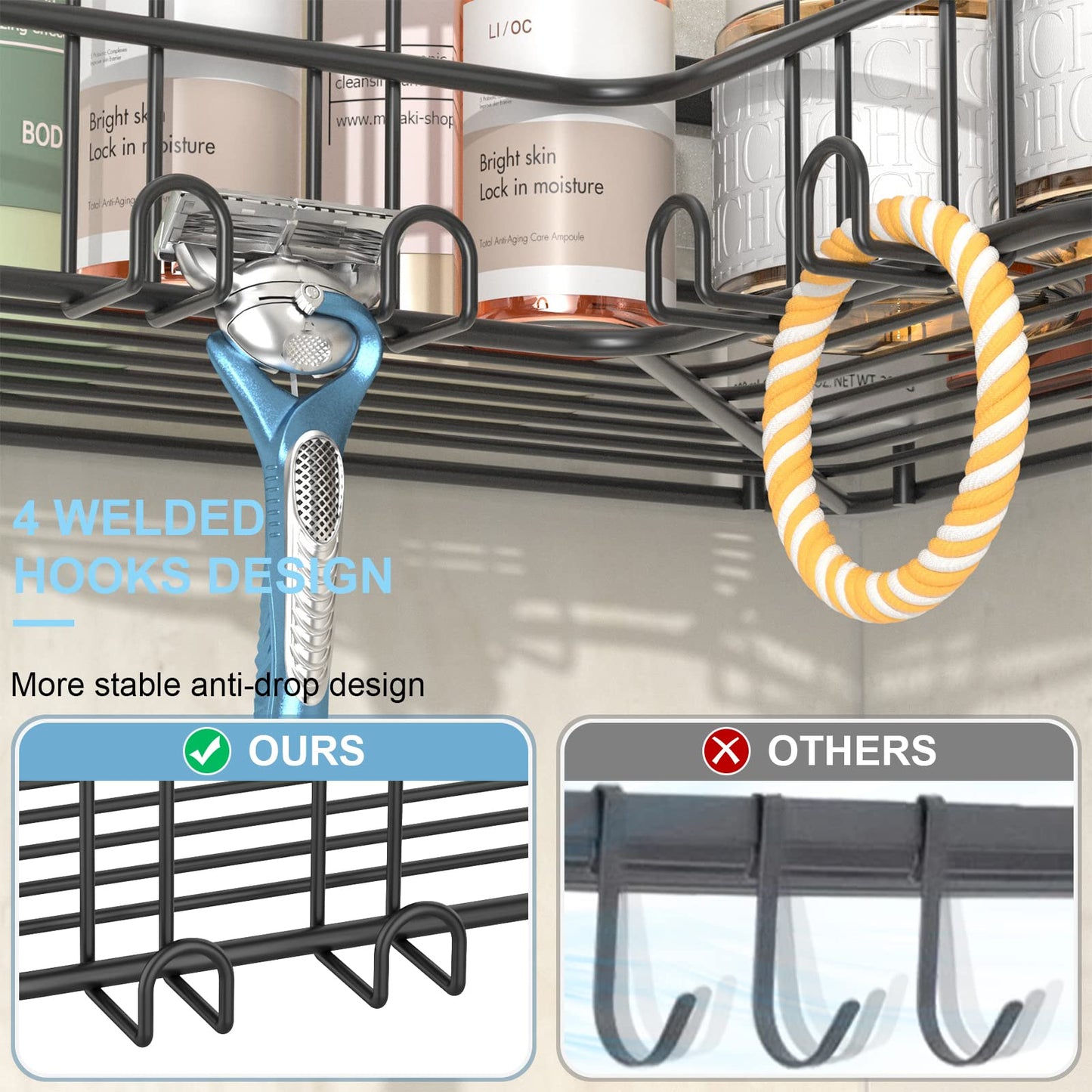 Yazoni Corner Shower Caddy, Adhesive Shower Shelves No Drilling [2-Pack], Rustproof Stainless Steel Bathroom Shower Organizer Wall Mounted with 8 Hooks (Black)