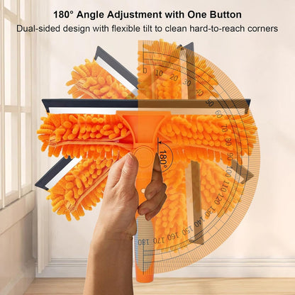 2 in 1 Window Cleaning Tools Squeegee, Double-Sided Professional Cleaner Rotatable Window Kit with Long Handle Pole 20+ Ft, Chenille Microfiber Duster Pads Scrubber for Indoor Outdoor High Glass