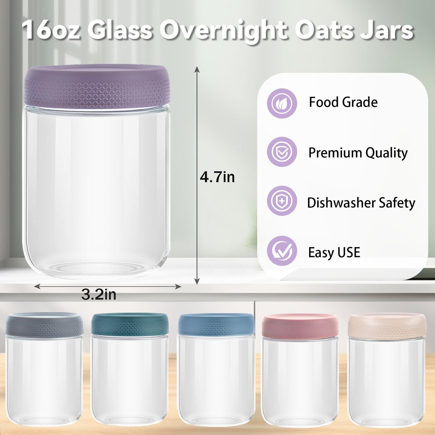 16 OZ Overnight Oats Jar,6 Pack Glass Jar with Lid and Spoon,Reusable Wide Mouth Mason jars for Overnight Oats,Yogurt Snacks Fruit, Salad Dressing, Sauce,Cereal-Leak Proof(500 ml)